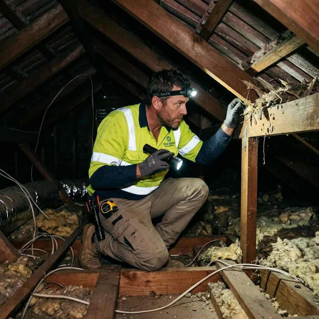Technician inspecting a roof cavity for a dead animal in Murgheboluc